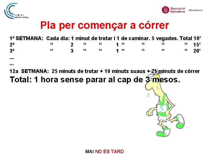 Pla per començar a córrer 1ª SETMANA: Cada dia: 1 minut de trotar i