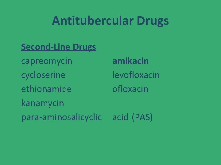 Antitubercular Drugs Second-Line Drugs capreomycin cycloserine ethionamide kanamycin para-aminosalicyclic amikacin levofloxacin acid (PAS) 