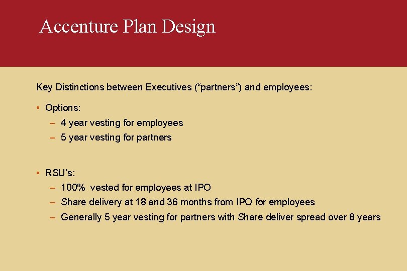Accenture Plan Design Key Distinctions between Executives (“partners”) and employees: • Options: – 4