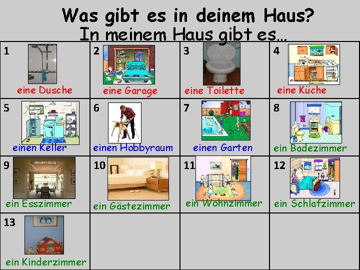 Was gibt es in deinem Haus? In meinem Haus gibt es… 1 2 eine