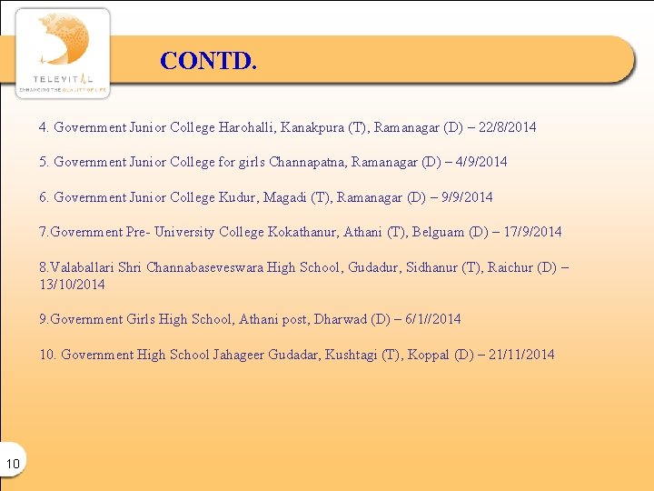 CONTD. 4. Government Junior College Harohalli, Kanakpura (T), Ramanagar (D) – 22/8/2014 5. Government