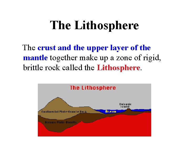 The Lithosphere The crust and the upper layer of the mantle together make up The Lithosphere The crust and the upper layer of the mantle together make up