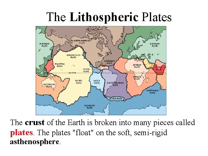 The Lithospheric Plates The crust of the Earth is broken into many pieces called