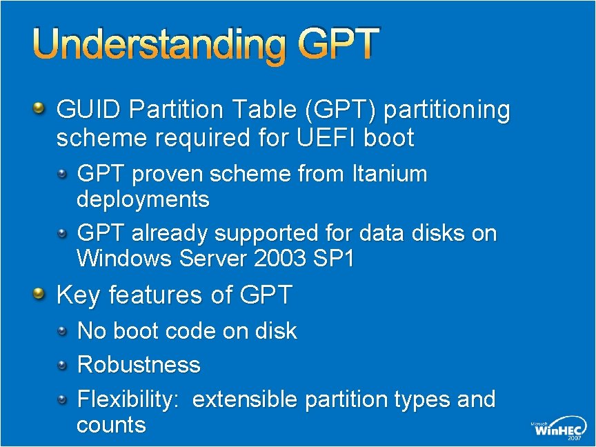Understanding GPT GUID Partition Table (GPT) partitioning scheme required for UEFI boot GPT proven Understanding GPT GUID Partition Table (GPT) partitioning scheme required for UEFI boot GPT proven