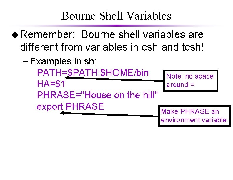 Bourne Shell Variables u Remember: Bourne shell variables are different from variables in csh