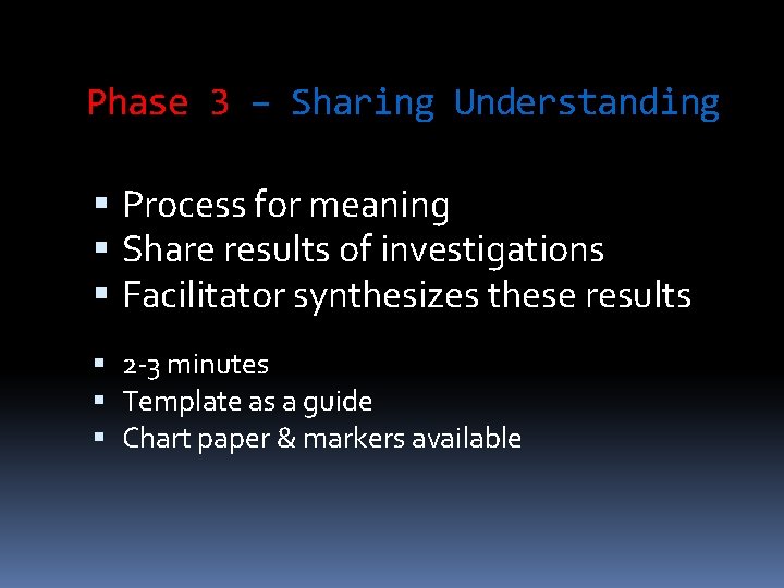 Phase 3 – Sharing Understanding Process for meaning Share results of investigations Facilitator synthesizes
