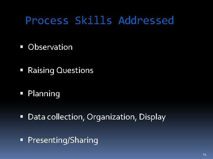Process Skills Addressed Observation Raising Questions Planning Data collection, Organization, Display Presenting/Sharing 24 