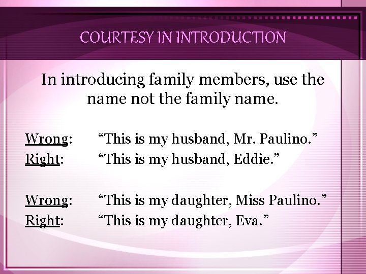 COURTESY IN INTRODUCTION In introducing family members, use the name not the family name.