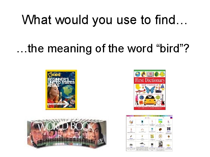 What would you use to find… …the meaning of the word “bird”? 