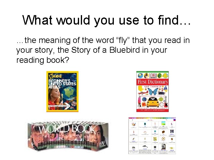 What would you use to find… …the meaning of the word “fly” that you