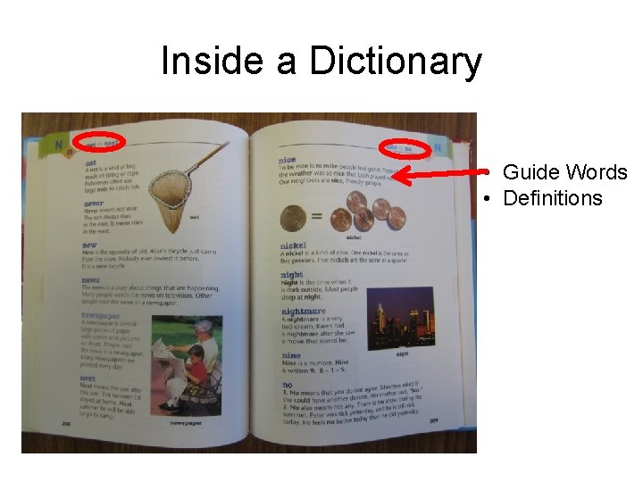 Inside a Dictionary • Guide Words • Definitions 