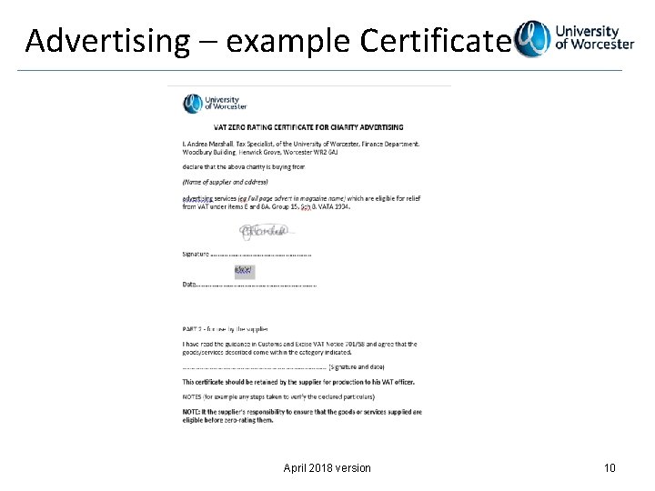 Advertising – example Certificate April 2018 version 10 