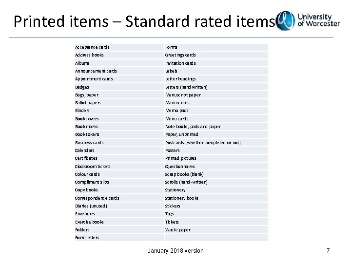 Printed items – Standard rated items Acceptance cards Forms Address books Greetings cards Albums