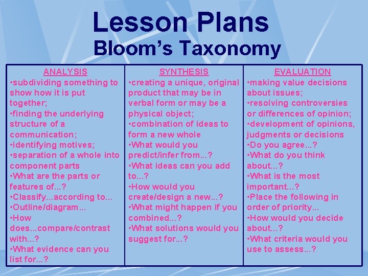 Lesson Plans Bloom’s Taxonomy ANALYSIS • subdividing something to show it is put together;