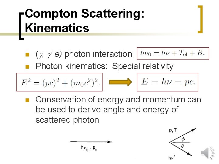 Compton Scattering: Kinematics n n n ( , ’ e) photon interaction Photon kinematics: