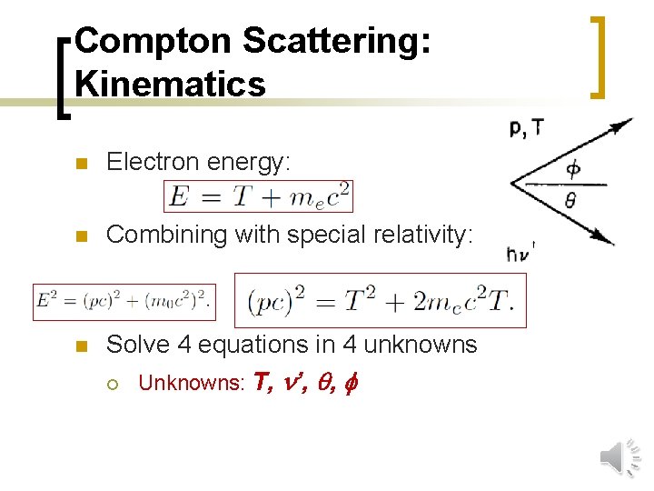 Compton Scattering: Kinematics n Electron energy: n Combining with special relativity: n Solve 4