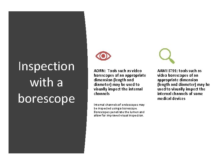 Inspection with a borescope AORN: Tools such as video borescopes of an appropriate dimension