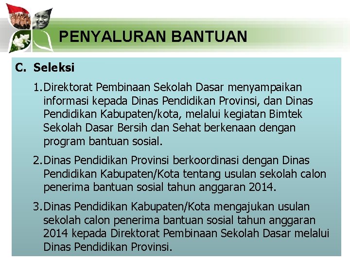 PENYALURAN BANTUAN C. Seleksi 1. Direktorat Pembinaan Sekolah Dasar menyampaikan informasi kepada Dinas Pendidikan