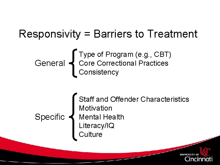 Responsivity = Barriers to Treatment General Type of Program (e. g. , CBT) Core