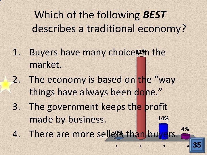 Which of the following BEST describes a traditional economy? 1. Buyers have many choices