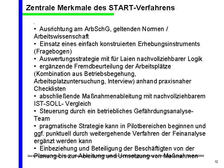 Zentrale Merkmale des START-Verfahrens • • Ausrichtung am Arb. Sch. G, geltenden Normen /