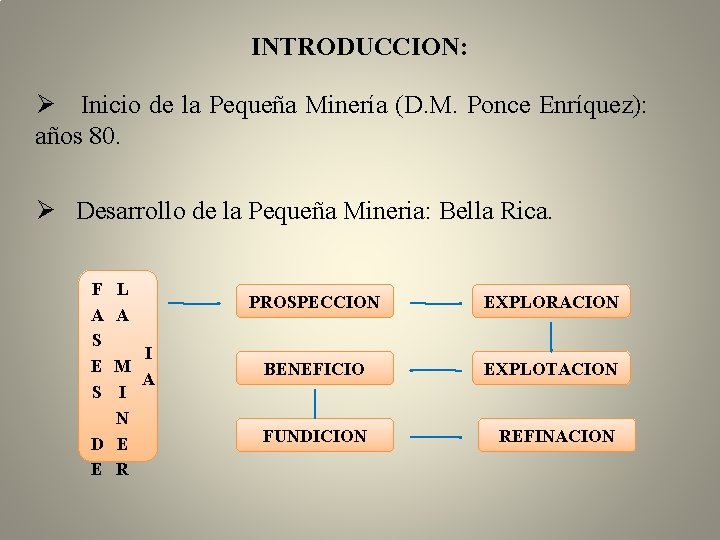 INTRODUCCION: Ø Inicio de la Pequeña Minería (D. M. Ponce Enríquez): años 80. Ø