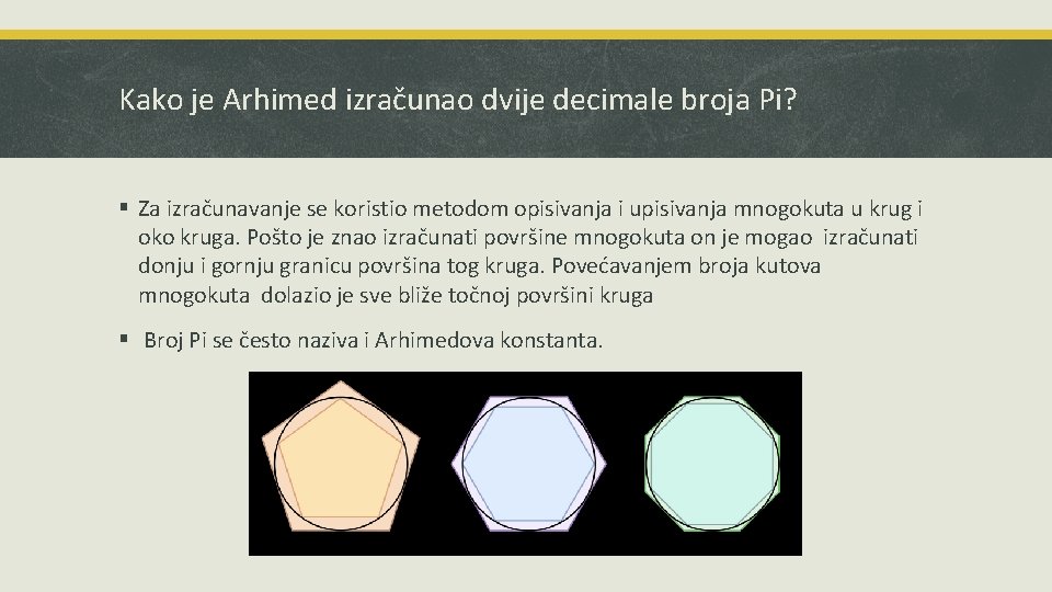 Kako je Arhimed izračunao dvije decimale broja Pi? § Za izračunavanje se koristio metodom