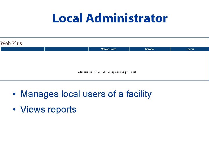 Local Administrator • Manages local users of a facility • Views reports 