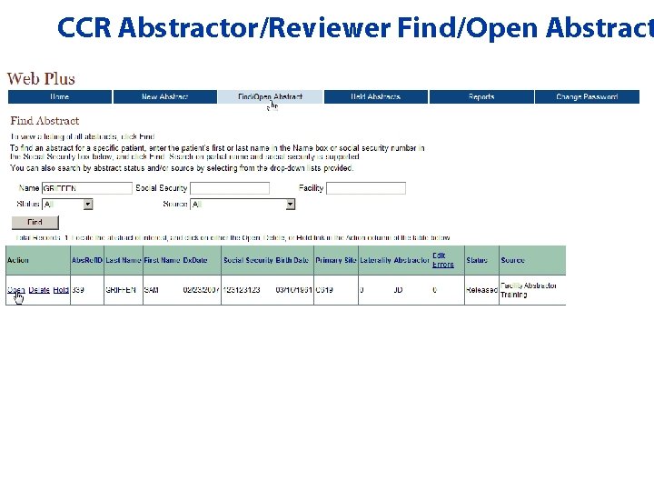 CCR Abstractor/Reviewer Find/Open Abstract 