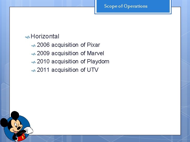 Scope of Operations Horizontal 2006 acquisition of Pixar 2009 acquisition of Marvel 2010 acquisition