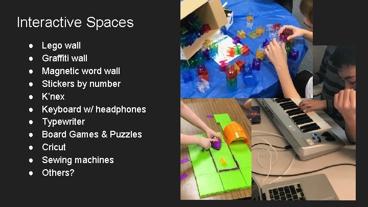 Interactive Spaces ● ● ● Lego wall Graffiti wall Magnetic word wall Stickers by