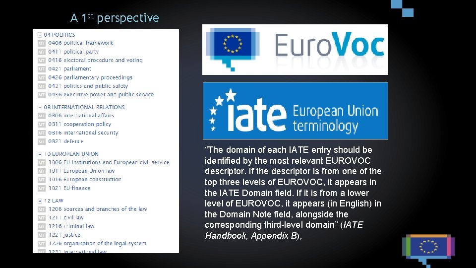 A 1 st perspective “The domain of each IATE entry should be identified by