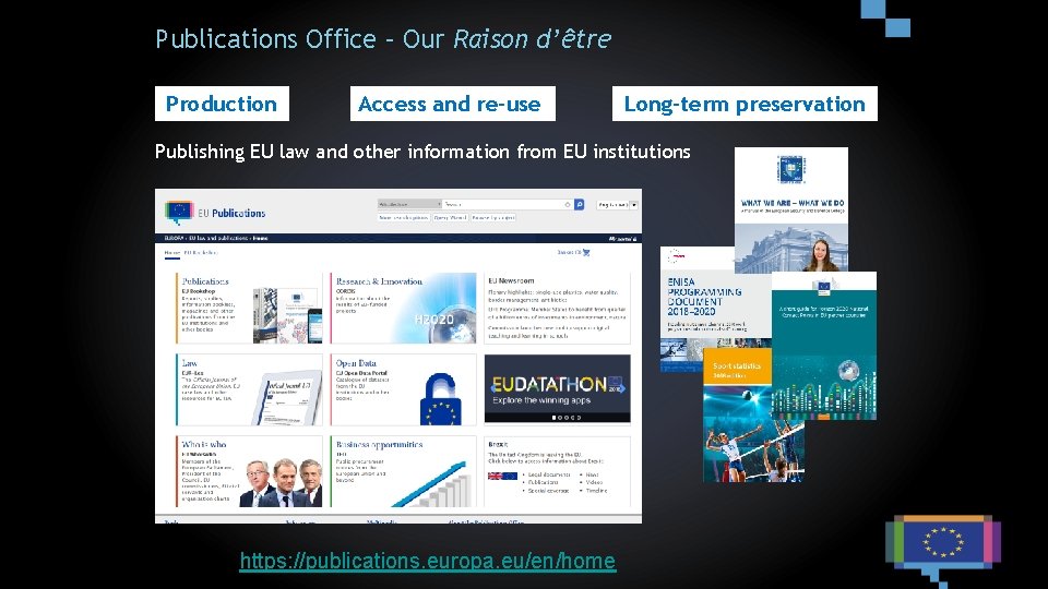 Publications Office – Our Raison d’être Production Access and re-use Long-term preservation Publishing EU