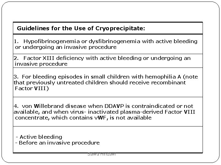 Guidelines for the Use of Cryoprecipitate: 1. Hypofibrinogenemia or dysfibrinogenemia with active bleeding or