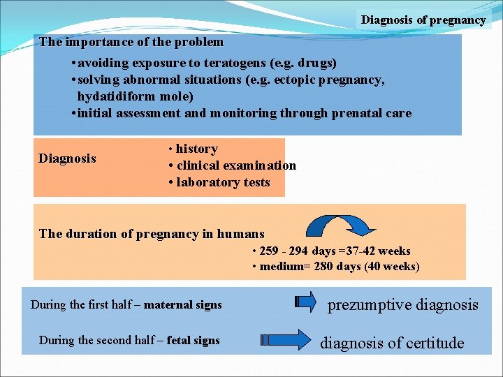 Diagnosis of pregnancy The importance of the problem • avoiding exposure to teratogens (e.