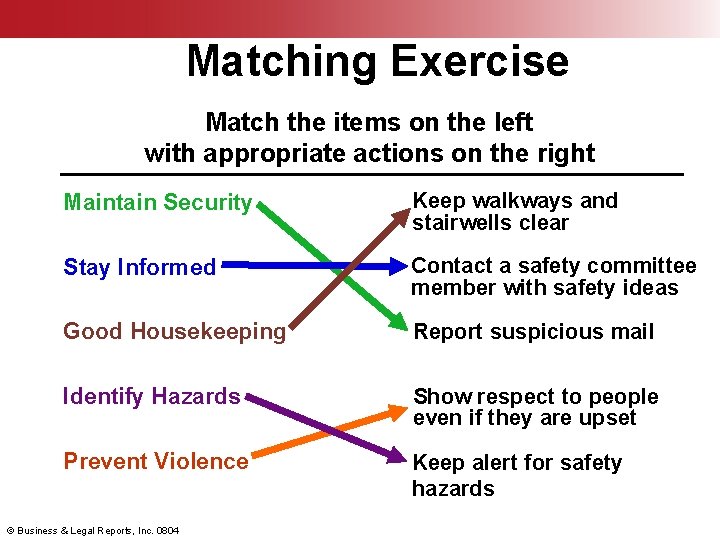 Matching Exercise Match the items on the left with appropriate actions on the right
