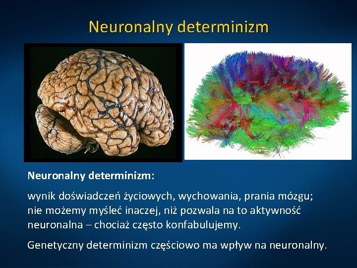 Neuronalny determinizm: wynik doświadczeń życiowych, wychowania, prania mózgu; nie możemy myśleć inaczej, niż pozwala