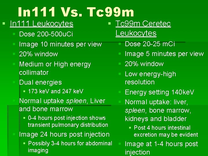 In 111 Vs. Tc 99 m § In 111 Leukocytes § § Dose 200