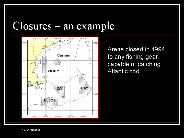 Closures – an example Areas closed in 1994 to any fishing gear capable of