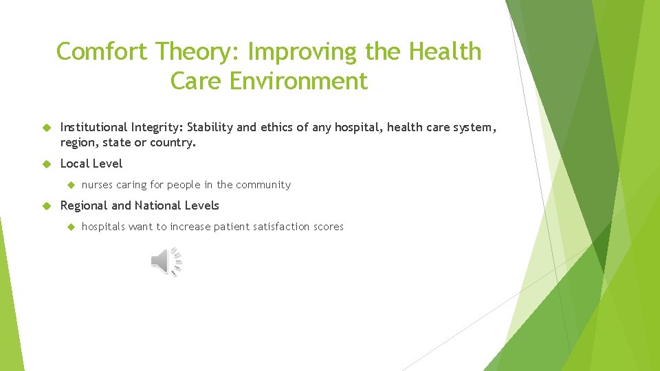 Comfort Theory: Improving the Health Care Environment Institutional Integrity: Stability and ethics of any