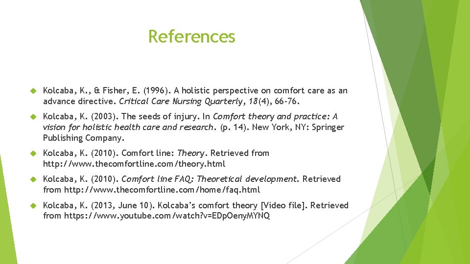 References Kolcaba, K. , & Fisher, E. (1996). A holistic perspective on comfort care