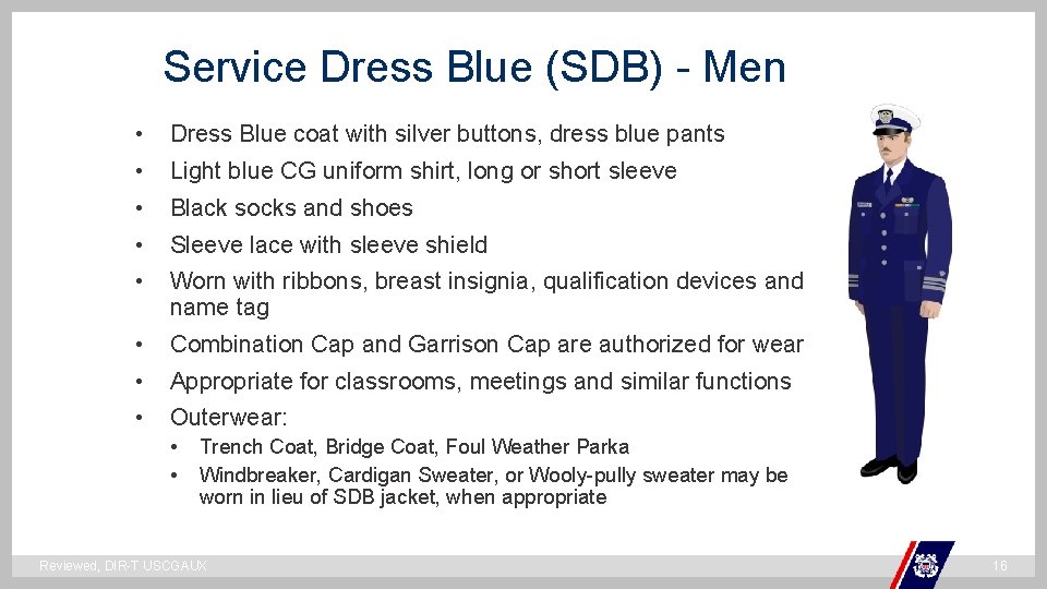 Service Dress Blue (SDB) - Men • Dress Blue coat with silver buttons, dress