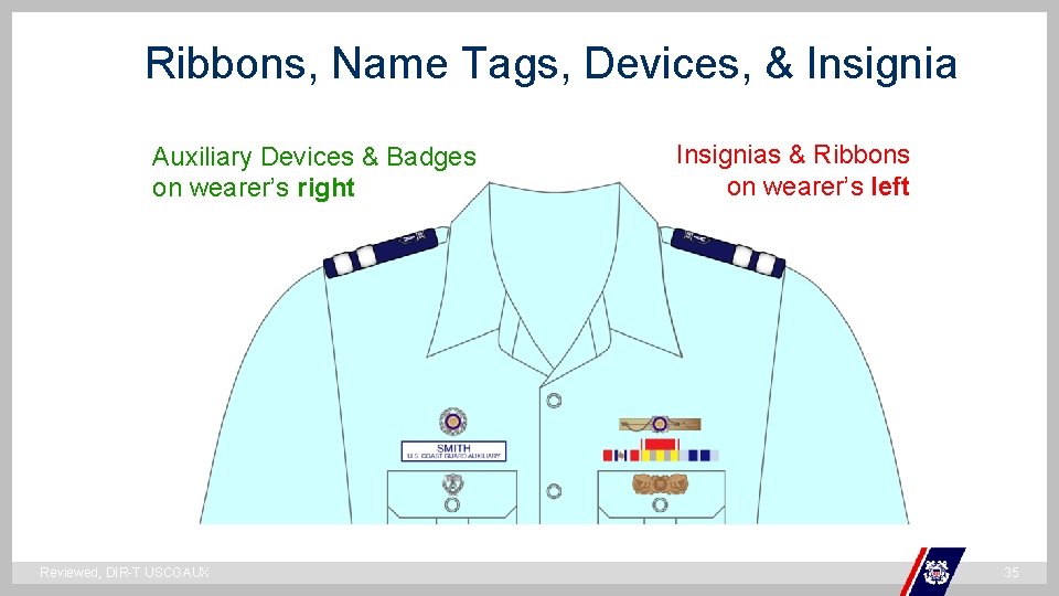 Ribbons, Name Tags, Devices, & Insignias & Ribbons on wearer’s left Auxiliary Devices & Ribbons, Name Tags, Devices, & Insignias & Ribbons on wearer’s left Auxiliary Devices &