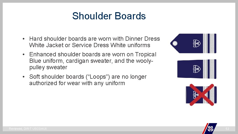 Shoulder Boards • Hard shoulder boards are worn with Dinner Dress White Jacket or Shoulder Boards • Hard shoulder boards are worn with Dinner Dress White Jacket or