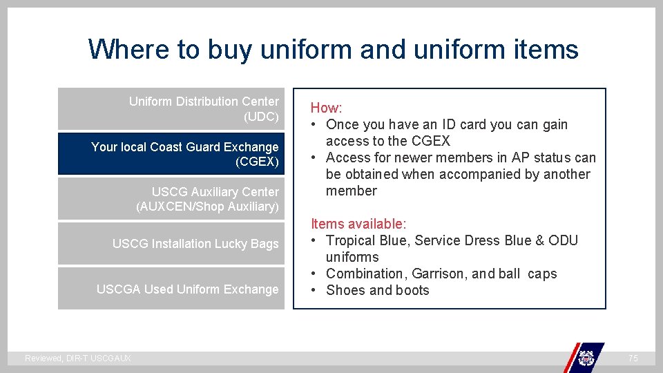 Where to buy uniform and uniform items Uniform Distribution Center (UDC) Your local Coast Where to buy uniform and uniform items Uniform Distribution Center (UDC) Your local Coast