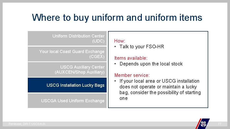 Where to buy uniform and uniform items Uniform Distribution Center (UDC) Your local Coast Where to buy uniform and uniform items Uniform Distribution Center (UDC) Your local Coast