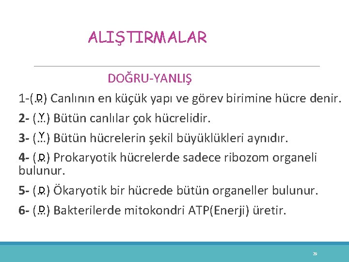 ALIŞTIRMALAR DOĞRU-YANLIŞ D 1 -(…) Canlının en küçük yapı ve görev birimine hücre denir.