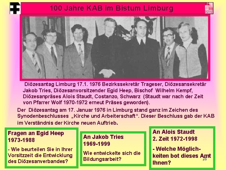 100 Jahre KAB im Bistum Limburg Diözesantag Limburg 17. 1. 1976 Bezirkssekretär Trageser, Diözesansekretär