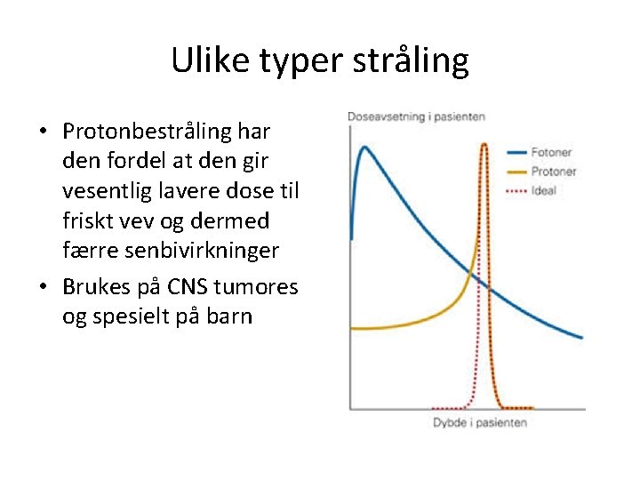 Ulike typer stråling • Protonbestråling har den fordel at den gir vesentlig lavere dose