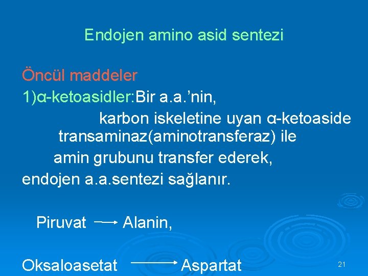 Endojen amino asid sentezi Öncül maddeler 1)α-ketoasidler: Bir a. a. ’nin, karbon iskeletine uyan